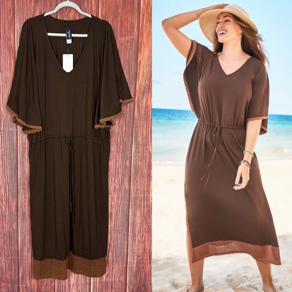 Swimsuits For All Crochet Trim Flutter Sleeve Midi Cover Up Dress Size 18/20 NWT